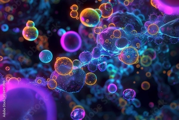 Obraz Microscopic view of hormone molecules, neon highlights, black setting, scientific detail