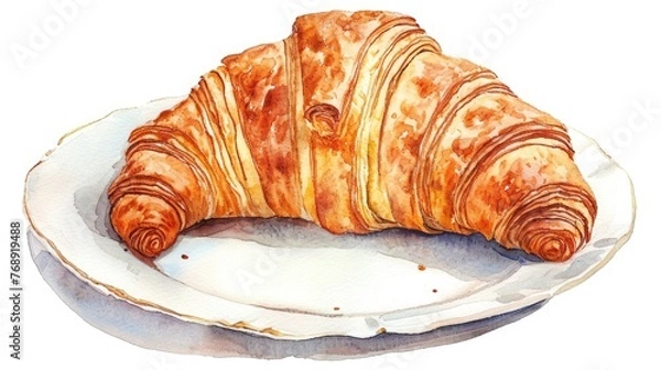 Obraz watercolor illustration of a croissant , lay on plate, isolated on white backdrop