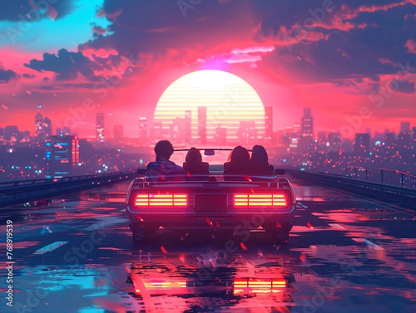 Fototapeta A group of friends gathered in a convertible car cruising down a neon-lit boulevard with the skyline silhouetted against a synthwave sunset