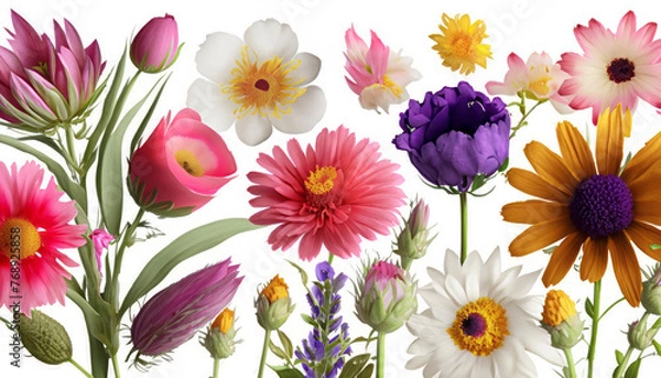 Fototapeta Experience the vibrant colors and diverse beauty of various types of garden flowers, beautifully isolated against white background, symbolizing nature’s floral bounty