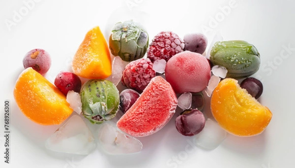 Obraz Various types of frozen fruits, beautifully isolated against a white background, symbolizing nature’s frozen bounty