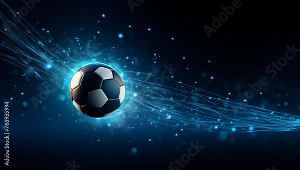 Fototapeta Soccer ball moving on black background with energy streaks behind it, sports success and power and sports and technology concept 