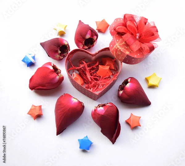 Fototapeta Valentines Day heart in silver box and greeting card