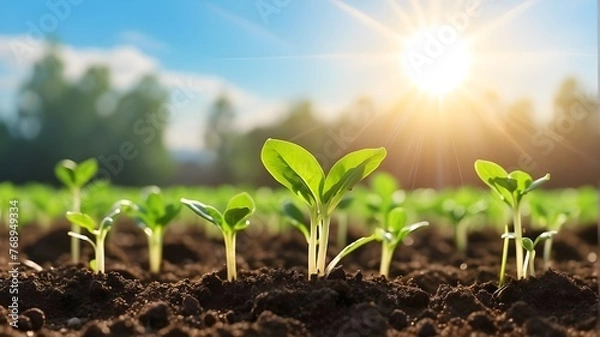 Fototapeta Ecology concept: seedlings are emerging from the fertile soil and brilliant morning sun. broad, panoramic banner with digital AI.
