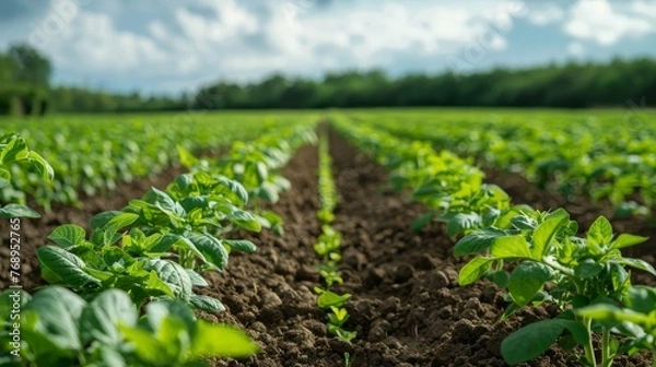 Fototapeta A low angle view showcases vibrant young soybean plants stretching across a vast agricultural field under a cloudy sky.