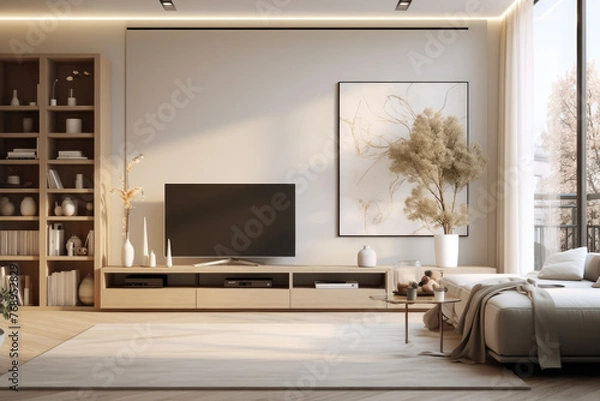 Fototapeta A living room with a white wall and a black television. The room is decorated with a white couch, a coffee table, and a potted plant. The room has a modern and minimalist design