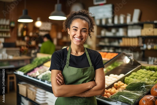 Fototapeta  Portrait of young smiling sales assistant standing in a grocery store, supermarket, in front of shelves with fruits and vegetables. Female store clerk in apron smiling, looking at camera