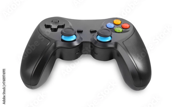 Fototapeta Black wireless controller on white background. Video game device