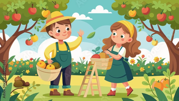 Obraz boy and girl collect fruit harvest vector illustr 