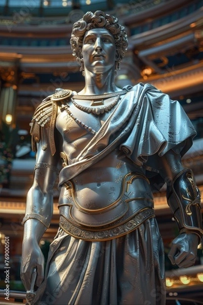 Fototapeta Visualize an iconic Greek statue, immersed in the vibrant atmosphere of a modern game center, engrossed in gameplay, Close up