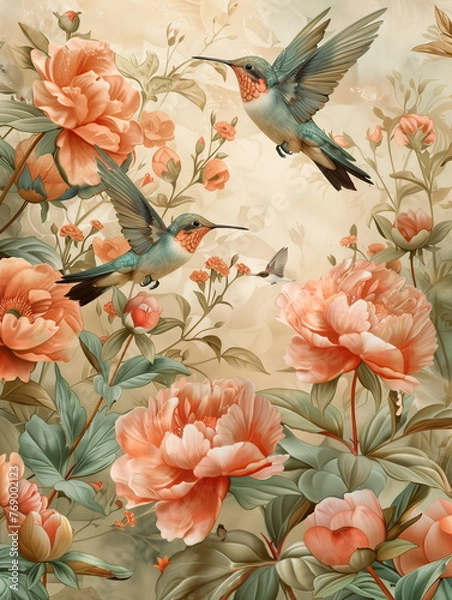 Fototapeta Photography of a fine art of a hummingbird surrounded by flowers overlay in shades of Peach Fuzz.