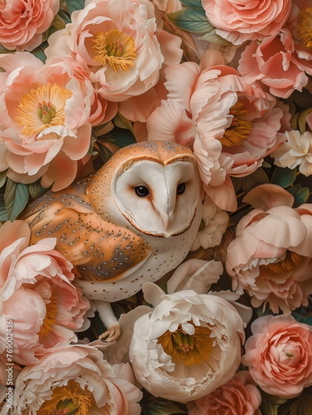 Obraz Photography of a fine art of owl surrounded by flowers overlain in shades of Peach Fuzz