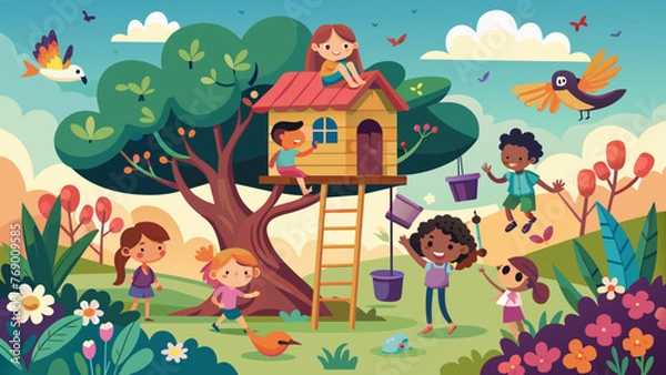 Obraz kids tree house vector illustration children nat 