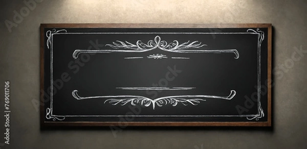 Fototapeta Blank black chalkboard mockup in wooden frame on concrete wall
