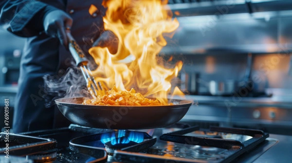 Obraz Flames engulf the contents of a pan held by a chef over a gas stove.