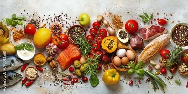 Obraz Healthy food spread with colorful ingredients for nutritious meal planning