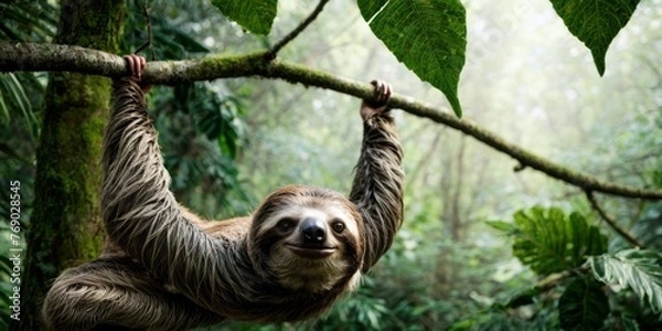 Fototapeta   A sloth dangles upside-down on a tree branch amidst an abundant forest filled with green foliage