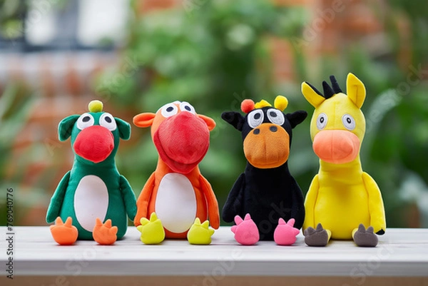 Fototapeta five different stuffed animal puppets each with a different colored body part, in the style of lively action poses