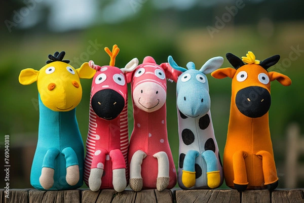 Fototapeta five different stuffed animal puppets each with a different colored body part, in the style of lively action poses