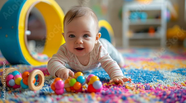 Fototapeta Baby plays with a wooden toy on a carpet, in the style of steel/iron frame construction, vibrant color scheme, light yellow and blue, curved mirrors