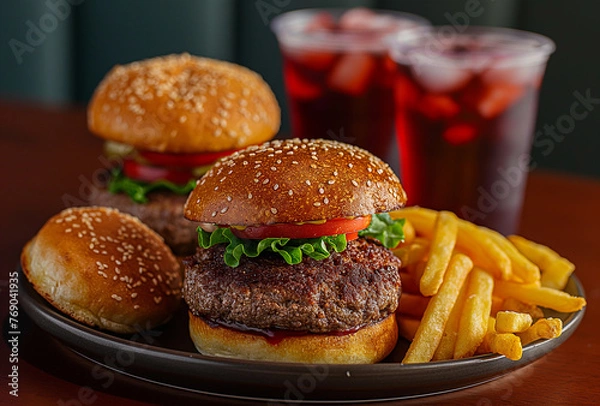 Fototapeta Burgers, fries and soda served on a plate, in the style of functionality emphasis, red and maroon, clear edge definition, dark red and light green