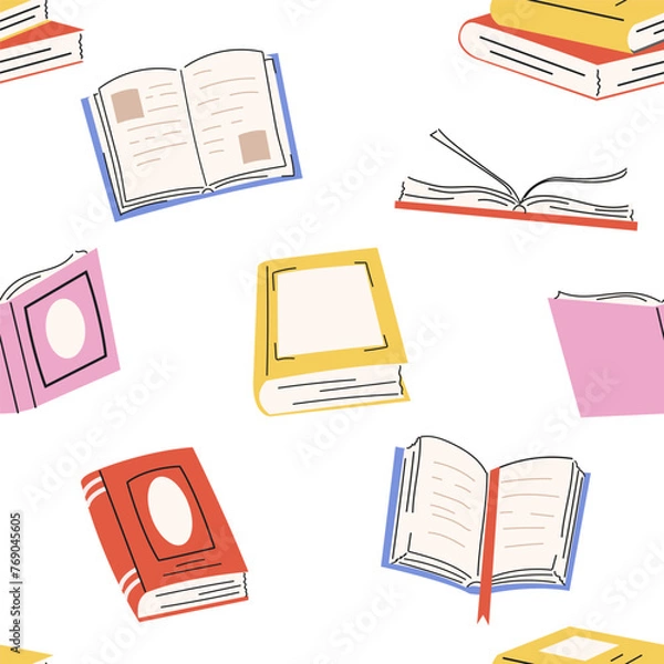 Fototapeta Seamless pattern with multicolored books. Repeating print for school, library, bookstore.