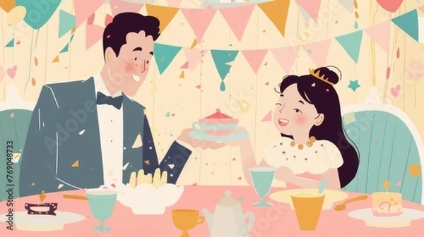 Fototapeta Illustration of father and daughter enjoying a tea party, pastel color scheme, suitable for family and children themes, father's day concept