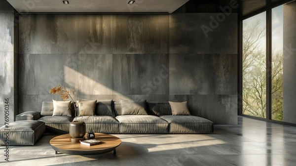 Fototapeta Modern Minimalist Living Room with Large Sofa and Panoramic Windows
