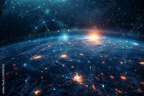 Fototapeta space shot of planet earth covered with blockchain