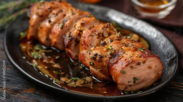 Fototapeta Poblano Pork Tenderloin with Orange and Honey Mustard, AI generated