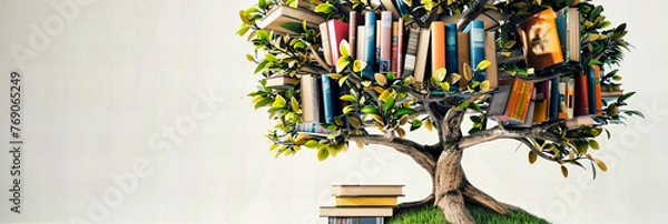 Obraz Magic of Reading, Educational Books and Tree Concept, Wisdom and Knowledge Growth in Nature