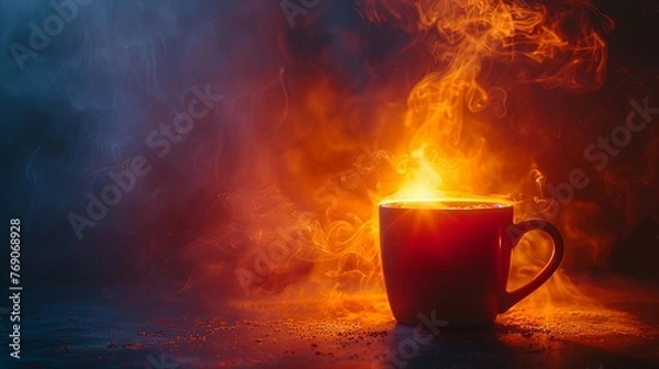 Fototapeta mug of hot coffee with smoke on a black background, in the style of conceptual installation art, shaped canvas, lightbox, japanese-inspired imagery. Generative AI