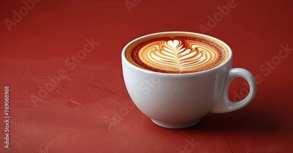 Fototapeta perfect white coffee cup with decorative coffee latte art, in the style of rusticcore, flat. generative AI