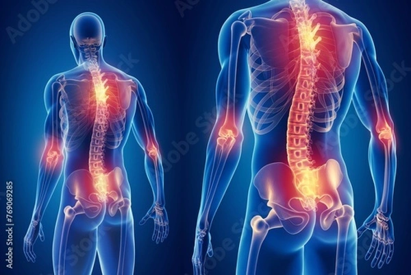 Fototapeta 3D rendering of a blue sleeve detailing a human bodys joints with arthritis. Generative AI