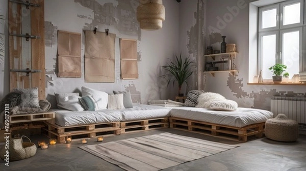 Fototapeta A trendy, modern loft interior featuring a pallet couch, simple design, and green accents.