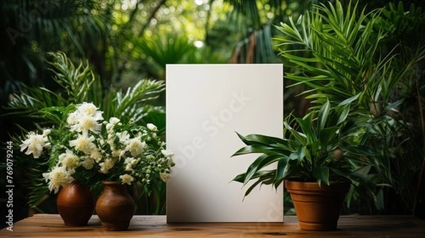 Fototapeta Eco friendly, natural background. Green table with notebook with white blank sheet for your text and wooden board with home plants.