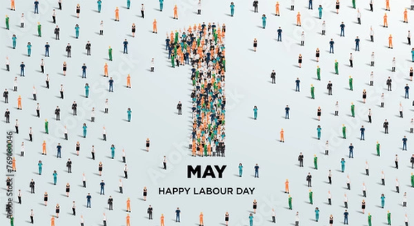 Fototapeta Happy labour day concept poster. Large group of people form to create number 1 as labor day is celebrated on 1st of may. Vector illustration.
