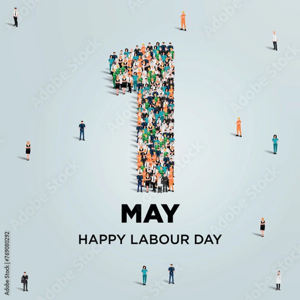 Fototapeta Happy labour day concept poster. Large group of people form to create number 1 as labor day is celebrated on 1st of may. Vector illustration.

