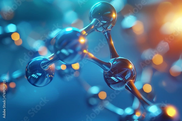 Fototapeta Selective focus of 3D rendering of carbon molecular structure model background for science, technology and research in sports or medical industries.