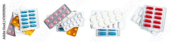 Fototapeta Collage of various medicine capsules, pills and tablets in a blister pack isolated on transparent background, healthcare and medicine concept, top view