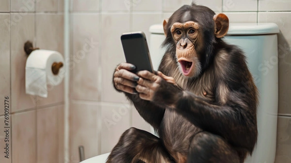 Obraz Monkey Surprised Using Cell Phone on Toilet