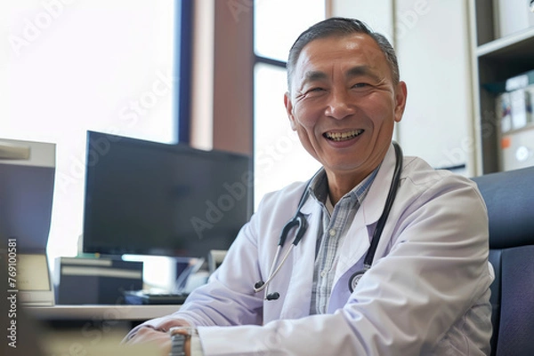 Fototapeta Professional photo capturing a cheerful Chinese male senior doctor radiating warmth and expertise. Perfect for hospital brochures, health blogs, and doctor profiles.