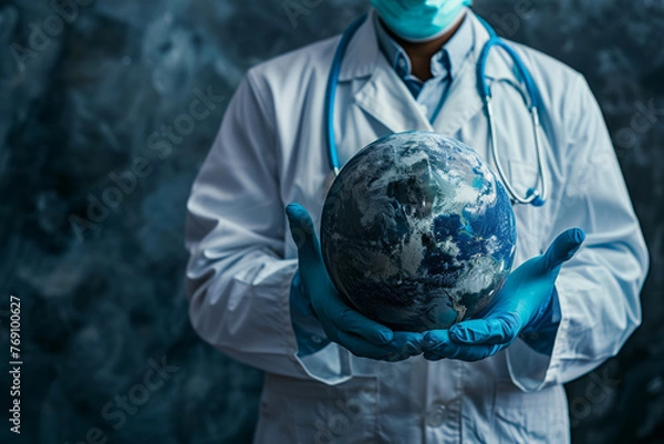 Fototapeta Professional photo capturing a doctor's hand holding planet Earth, conveying themes of global health and environmental responsibility. Perfect for medical conferences, educational material