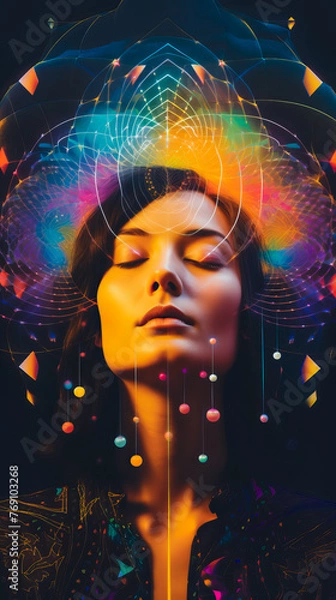 Fototapeta A Psychedelic Portrait. Surrealism Unveiled.  Thin Lines and Neon Lights