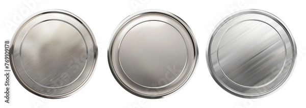Fototapeta Set of realistic blank silver coins or medals isolated on white, empty metallic token template