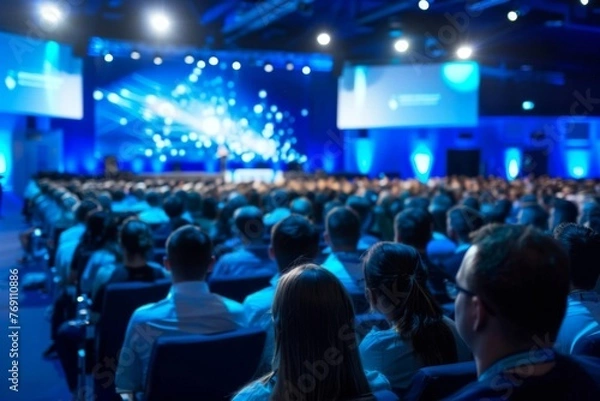 Obraz Blurred presenter addressing audience at corporate conference event. Large group of attendees listening attentively in a conference hall.