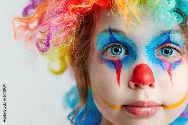 Fototapeta Child girl is dressed up in clown costume with colorful wig