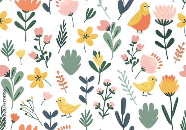 Fototapeta Seamless vector pattern with hand drawn chicken and flower