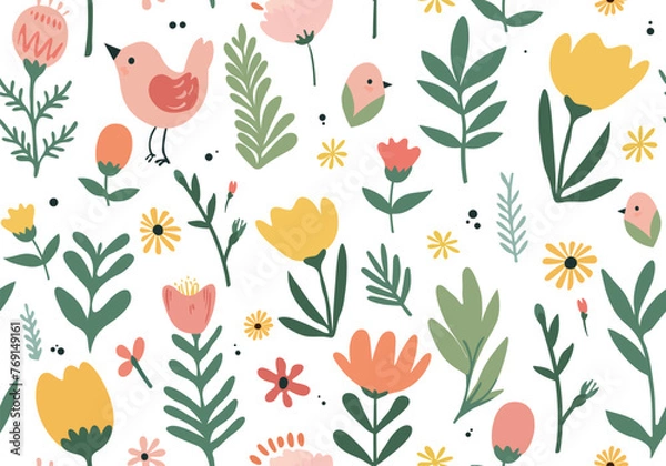 Fototapeta Seamless vector pattern with hand drawn chicken and flower