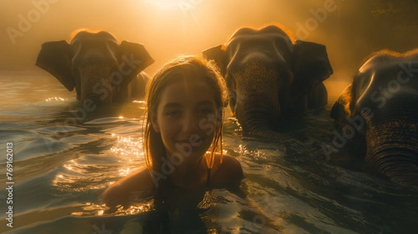 Fototapeta Girl swimming with elephants, beautiful sunset in africa 